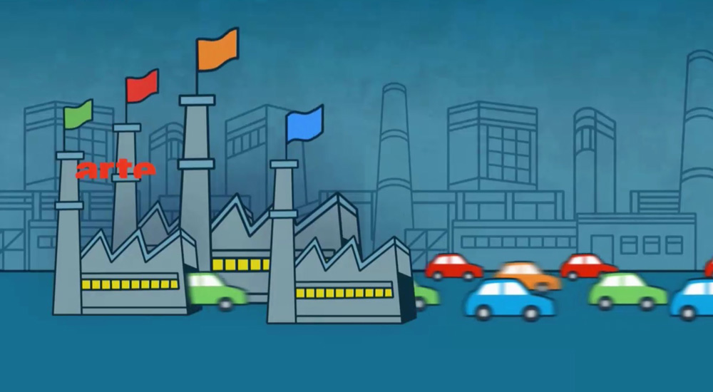 Dessin de voitures sortant en masse d'une usine