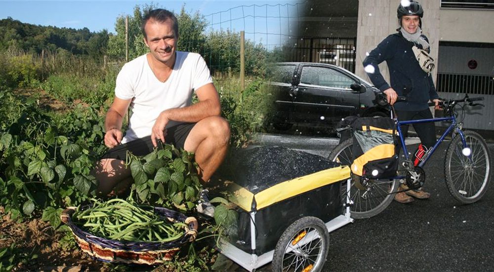 Alexandre dans son exploitation bio de l'Oise et sur son vélo pour la livraison