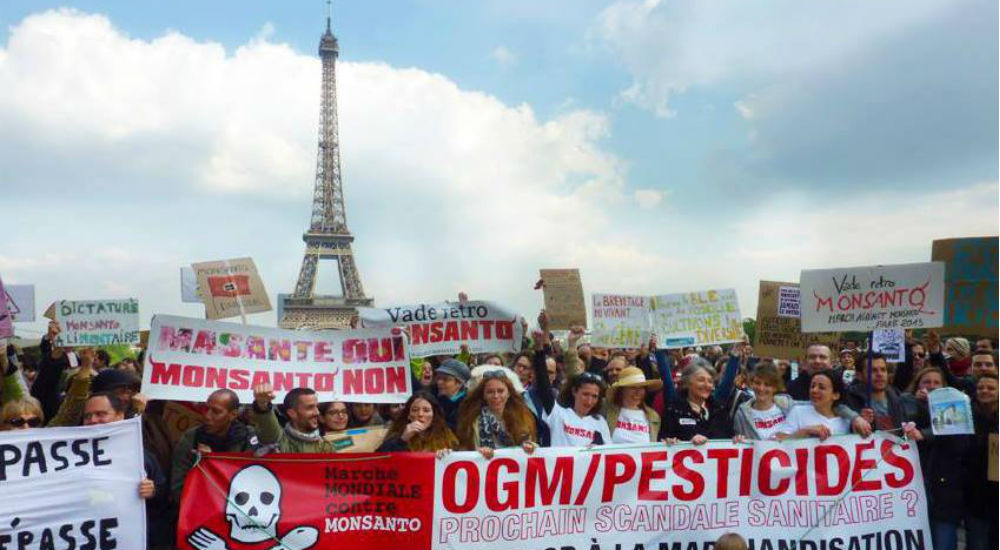 Mobilisation citoyenne devant la tour Eiffel lors d'une marche mondiale contre Monsanto