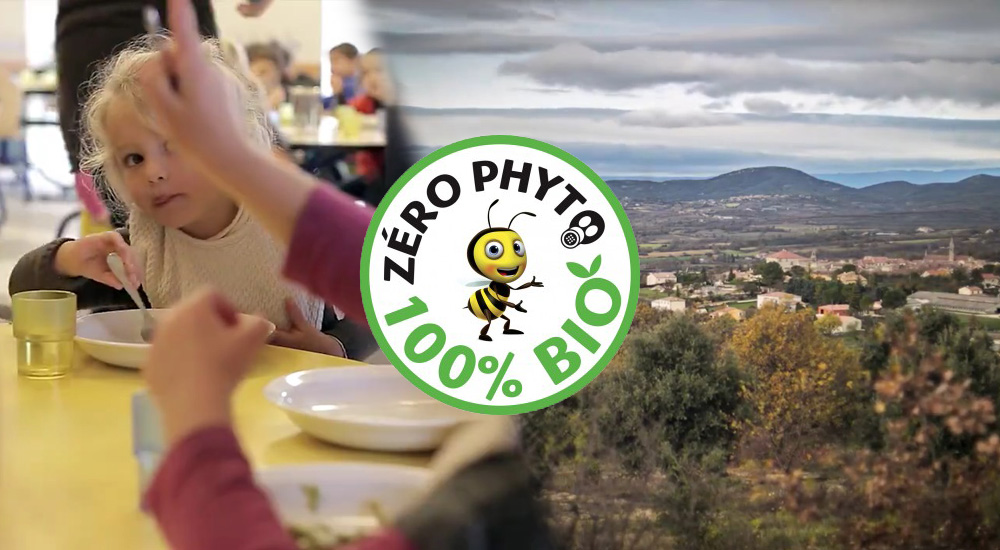 Ville de Barjac vue des montagne et petite fille mangeant à la cantine