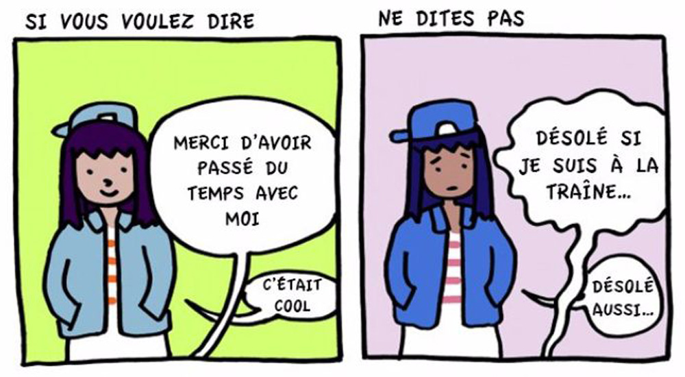 Deux cartouches de BD avec dans l'une le message Merci, dans l'autre Désolé