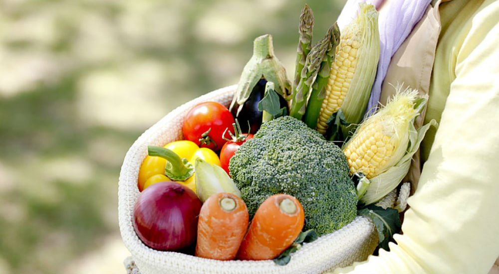 des fruits et légumes dans un panier tenu par une femme
