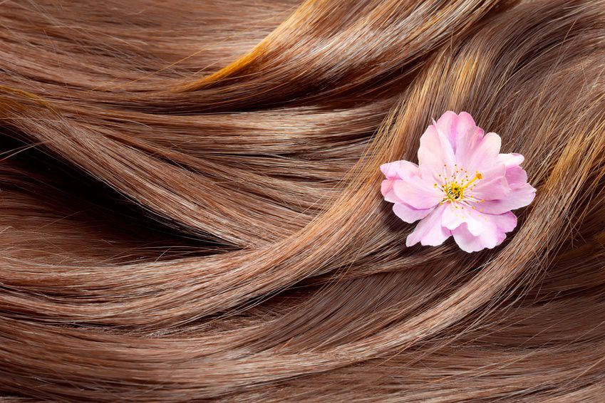 des cheveux bruns brillants avec une fleur rose