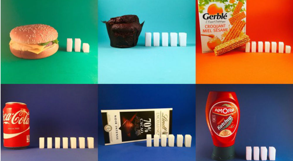 des morceaux de sucre représentent la quantité de sucre d'aliments