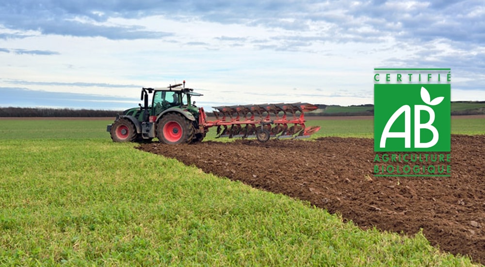 un tracteur dans un champs biologique