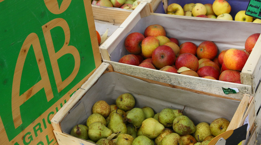 Poire et pomme bio sur une étale